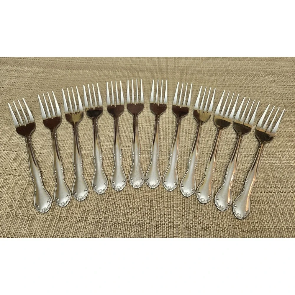 Lot Of 12 Oneida Melinda Japan Salad Forks Glossy, Flower Tip Stainless Flatware